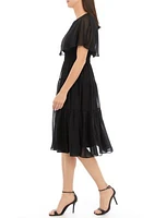 Women's Short Sleeve Scattered Dot Print Chiffon Fit and Flare Capelet Dress