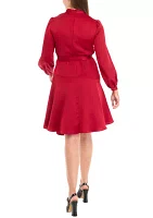 Women's Puff Sleeve V-Neck Fit and Flare Dress