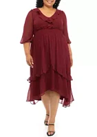 Julian Taylor Plus Elbow Sleeve V-Neck Smocked Waist Ruffle Hem Woven Dress