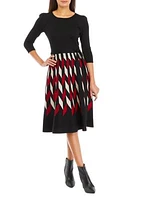 Women's 3/4 Sleeve Tie Waist Geometric Sweater Dress