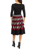 Women's 3/4 Sleeve Tie Waist Geometric Sweater Dress