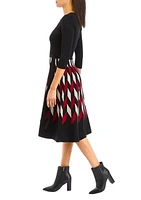 Women's 3/4 Sleeve Tie Waist Geometric Sweater Dress