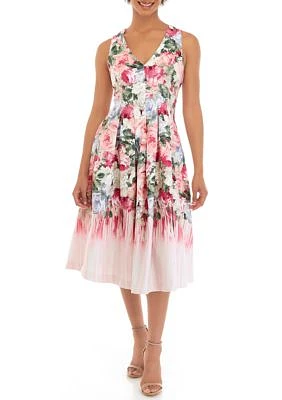 Women's Sleeveless Floral Printed Jacquard Fit and Flare Dress