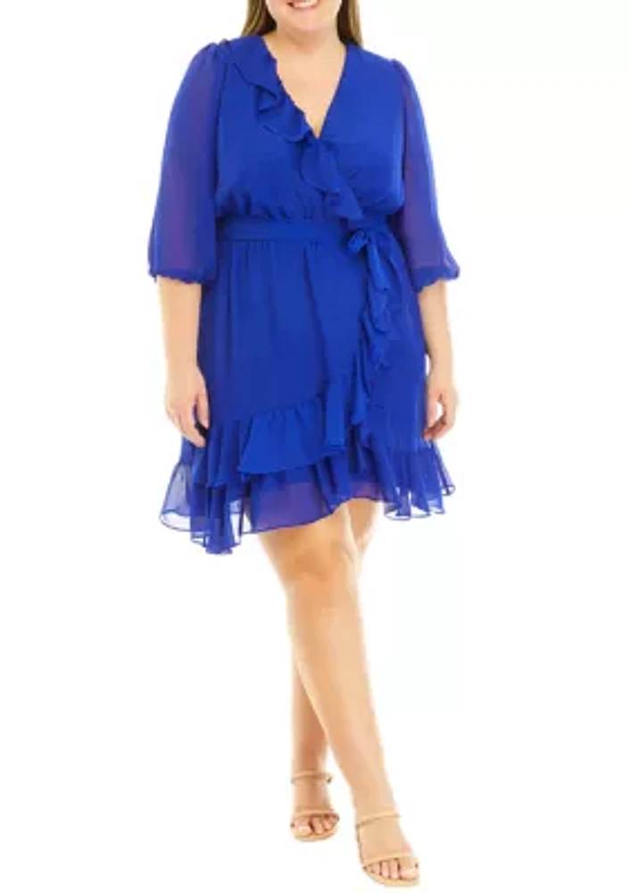 Plus 3/4 Sleeve Solid Tie Waist Chiffon Dress