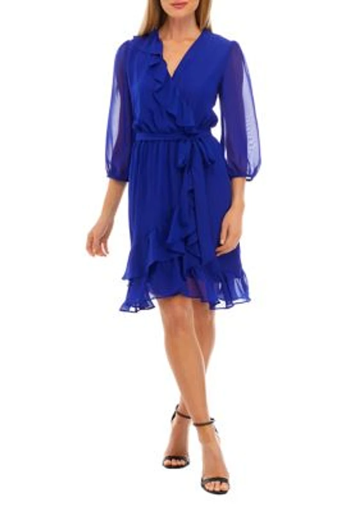 Women's 3/4 Sleeve Surplice Solid Chiffon Ruffle Wrap Dress