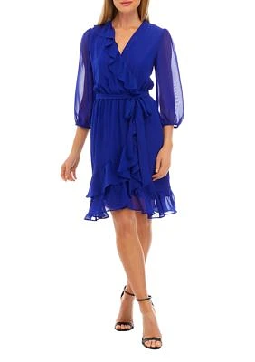 Women's 3/4 Sleeve Surplice Solid Chiffon Ruffle Wrap Dress