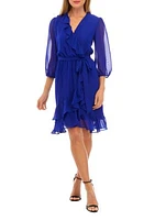 Women's 3/4 Sleeve Surplice Solid Chiffon Ruffle Wrap Dress