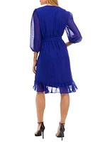 Women's 3/4 Sleeve Surplice Solid Chiffon Ruffle Wrap Dress