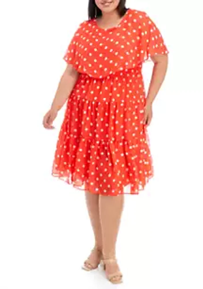 Danny & Nicole Plus Short Sleeve Solid Chiffon Dot Capelet Dress