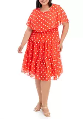 Danny & Nicole Plus Short Sleeve Solid Chiffon Dot Capelet Dress