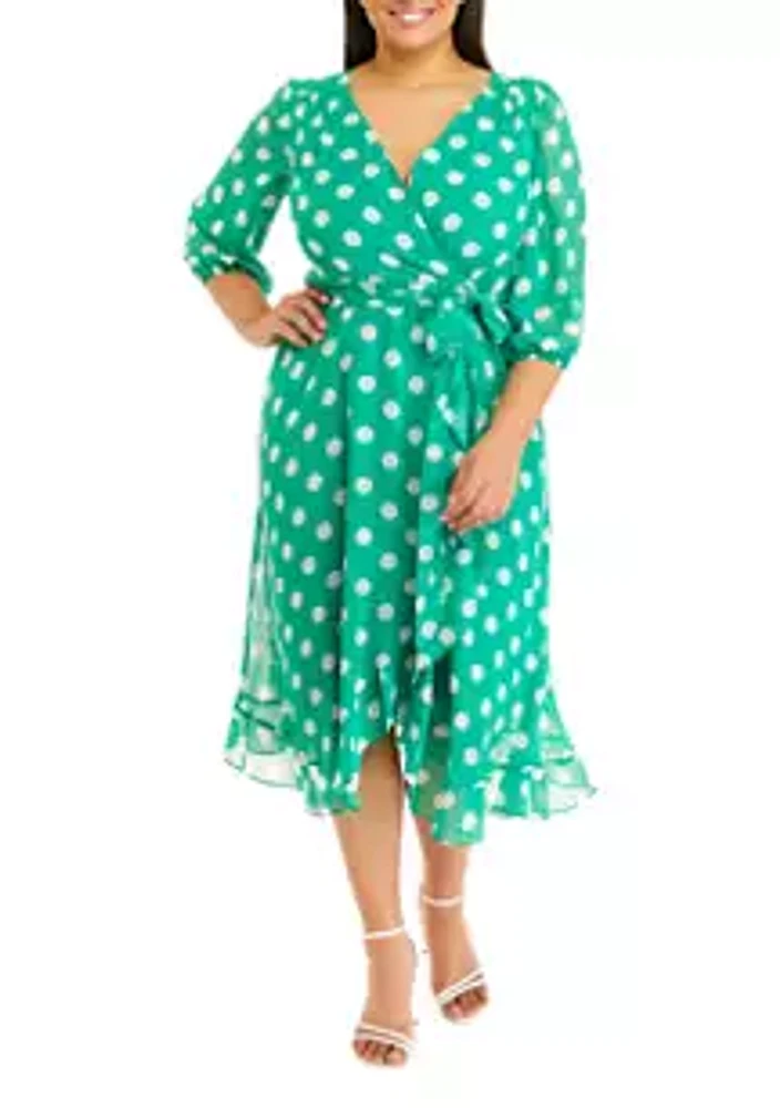 Julian Taylor Plus 3/4 Sleeve Dot Chiffon Surplice Midi Dress