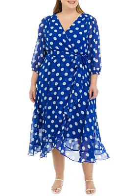 Plus 3/4 Sleeve Dot Chiffon Surplice Midi Dress