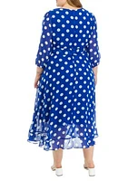 Plus 3/4 Sleeve Dot Chiffon Surplice Midi Dress