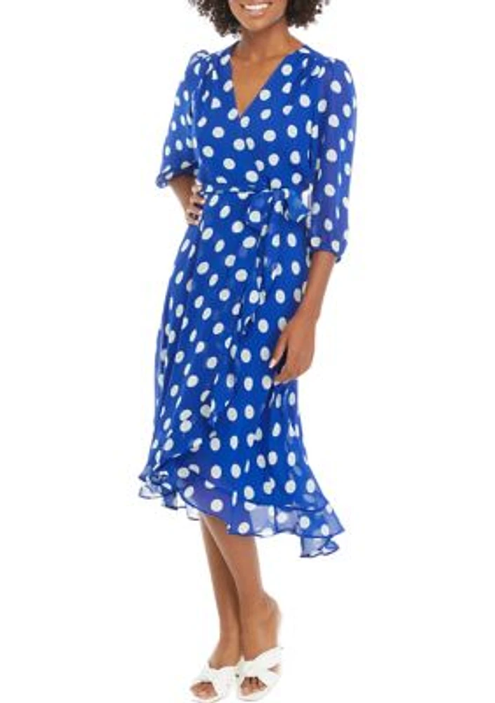 Women's 3/4 Sleeve Dot Chiffon Surplice Midi Dress