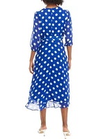 Women's 3/4 Sleeve Dot Chiffon Surplice Midi Dress