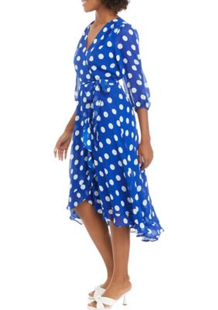 Women's 3/4 Sleeve Dot Chiffon Surplice Midi Dress