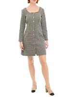 Women's Long Sleeve Square Neck Button Front Boucle Dress