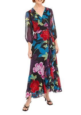 Women's Sheer Sleeve Floral Tie Waist Chiffon A-Line Dress