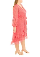 Plus Long Sleeve V-Neck Ruffle Dot Print Chiffon Dress