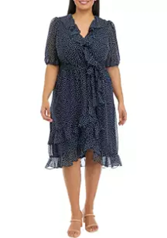 Julian Taylor Plus Elbow Dot Print Chiffon Ruffle Wrap Midi Dress