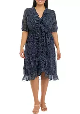 Julian Taylor Plus Elbow Dot Print Chiffon Ruffle Wrap Midi Dress