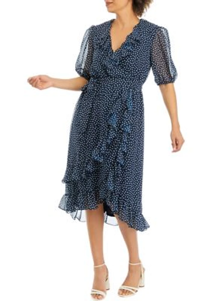 Women's Short Sleeve Dot Print Chiffon Ruffle Front Wrap Midi Dress