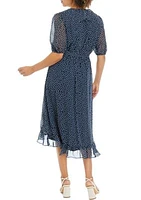 Women's Short Sleeve Dot Print Chiffon Ruffle Front Wrap Midi Dress