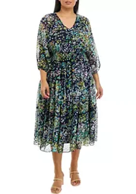 Julian Taylor Plus Blouson Sleeve Floral Printed Smock Waist Chiffon Midi Dress