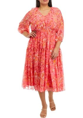 Plus Blouson Sleeve Floral Printed Smock Waist Chiffon Midi Dress