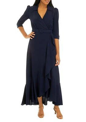 Women's Short Sleeve Solid Crepe Midi Shirtdress