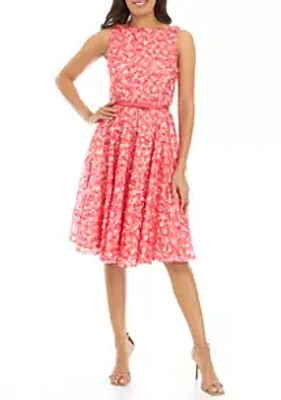 Julian Taylor Women's Sleeveless Belted Ditsy Printed Lace Fit and Flare Dress