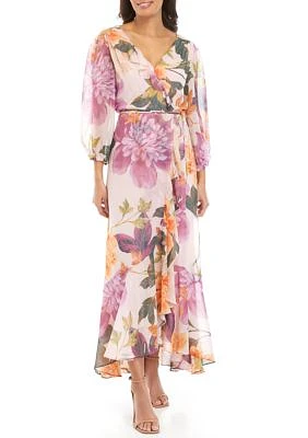 Women's 3/4 Sleeve Floral Print Chiffon Wrap Maxi Dress