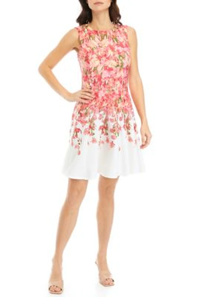 Women's Sleeveless Ombré Floral Print Scuba Fit and Flare Dress