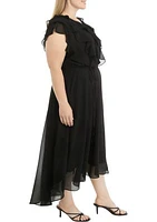 Plus Short Sleeve V-Neck Ruffle Chiffon Midi Dress