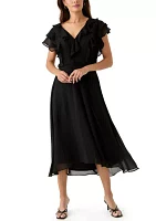 Women's Ruffle Front Chiffon Midi A-Line Dress