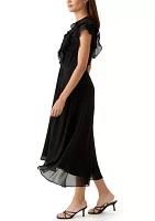 Women's Ruffle Front Chiffon Midi A-Line Dress