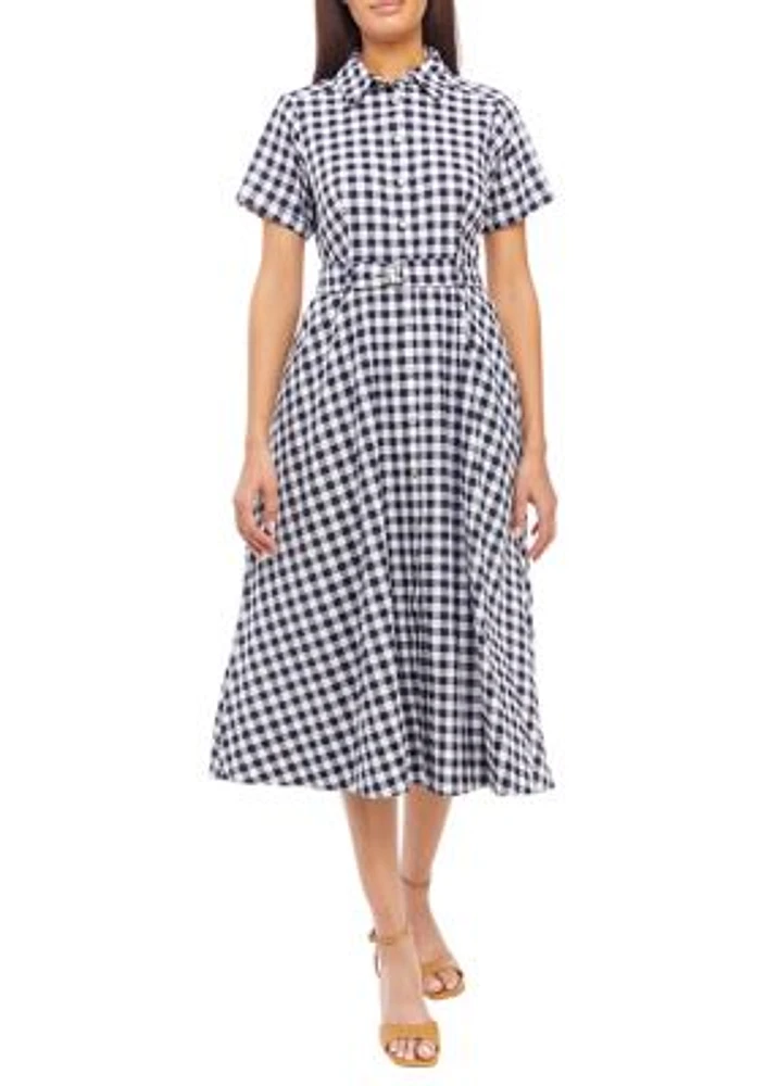 Women's Short Sleeve Gingham Check Cotton Shirtdress