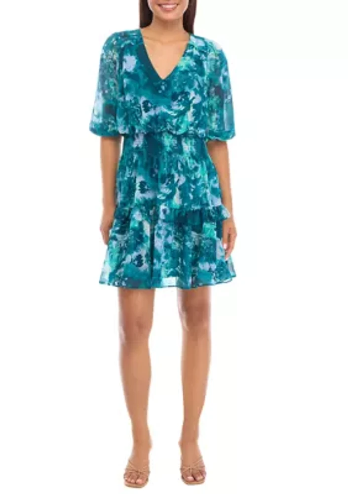 Women's 3/4 Blouson Sleeve Printed Chiffon Fit and Flare Dress