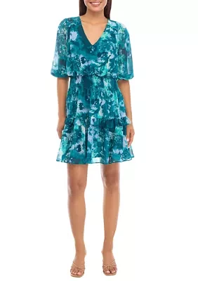 Women's 3/4 Blouson Sleeve Printed Chiffon Fit and Flare Dress