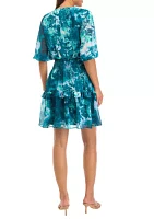 Women's 3/4 Blouson Sleeve Printed Chiffon Fit and Flare Dress