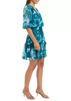 Women's 3/4 Blouson Sleeve Printed Chiffon Fit and Flare Dress