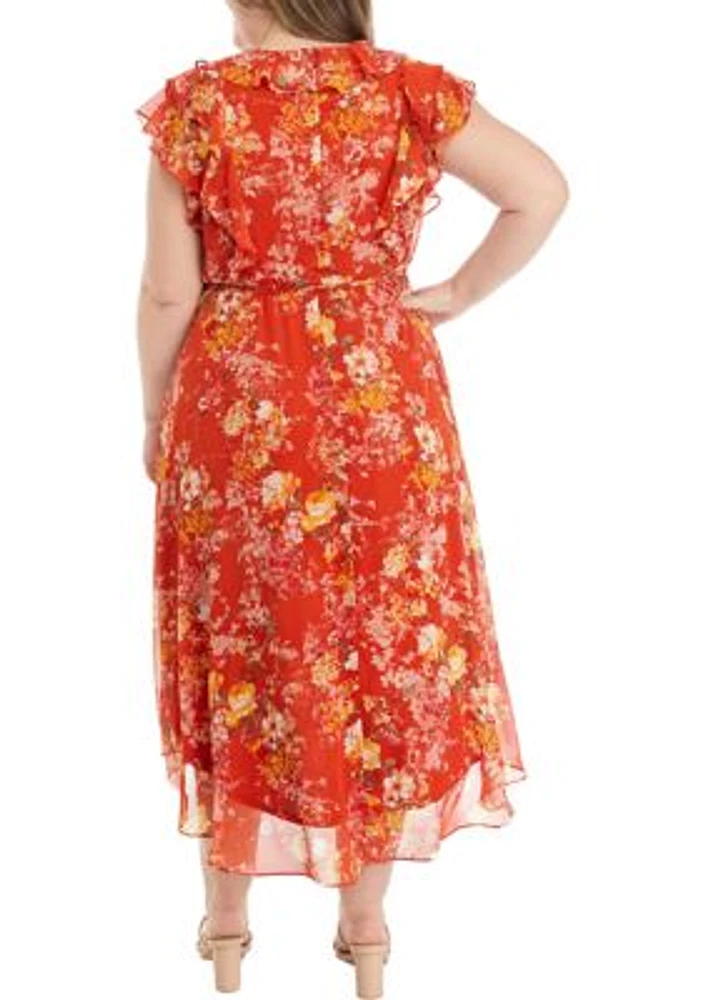 Plus Frill Short Sleeve V-Neck Floral Print Chiffon Fit and Flare Dress