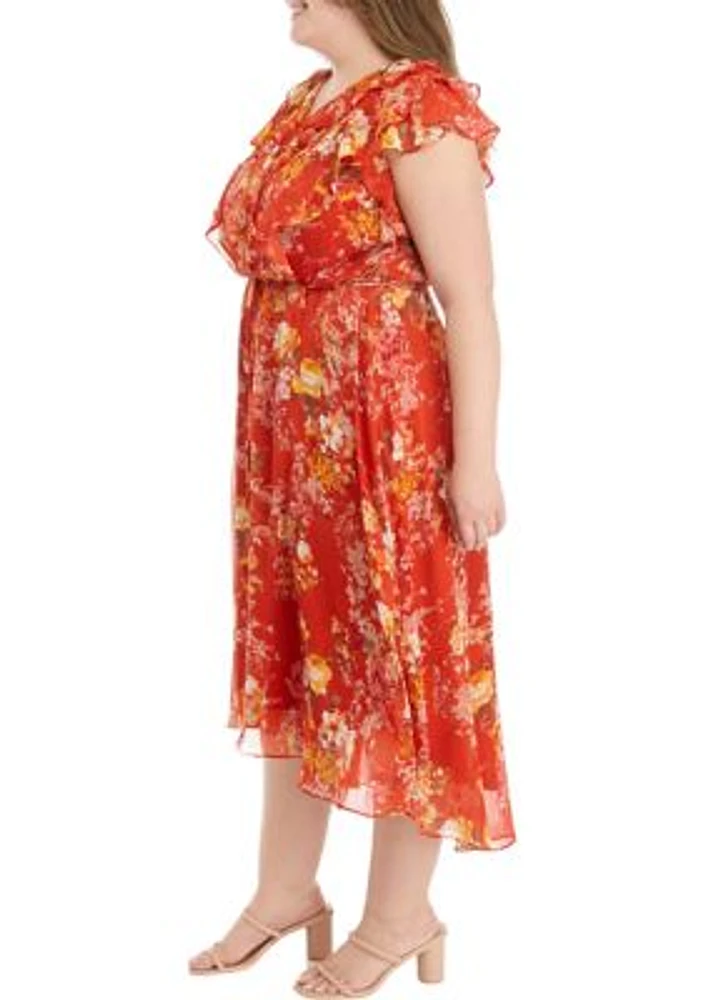 Plus Frill Short Sleeve V-Neck Floral Print Chiffon Fit and Flare Dress