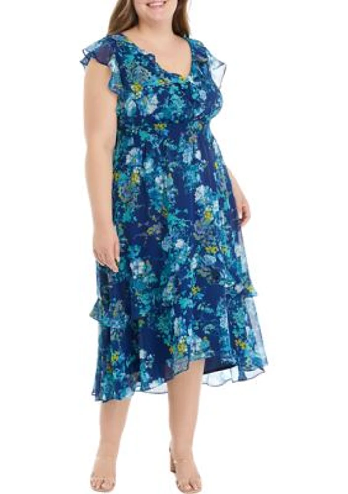 Plus Frill Short Sleeve V-Neck Floral Print Chiffon Fit and Flare Dress