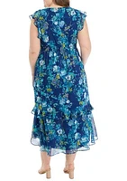 Plus Frill Short Sleeve V-Neck Floral Print Chiffon Fit and Flare Dress