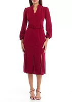 Women's V-Neck Belted Solid Scuba Crepe Fit and Flare Dress