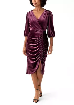 Women's 3/4 Sleeve V-Neck Solid Velvet Sheath Dress