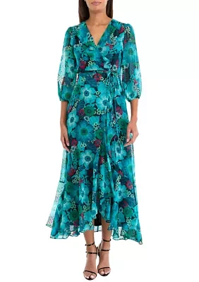 Women's Mesh 3/4 Sleeve V-Neck Floral Print Side Ruch Maxi Dress