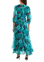 Women's Mesh 3/4 Sleeve V-Neck Floral Print Side Ruch Maxi Dress