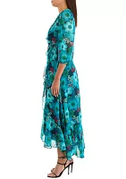 Women's Mesh 3/4 Sleeve V-Neck Floral Print Side Ruch Maxi Dress